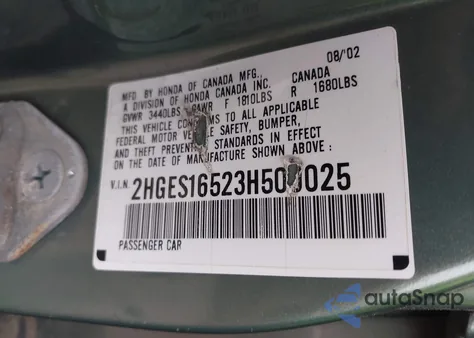 2003 Honda Civic Lx from USA, damaged, VIN 2HGES16523H500025